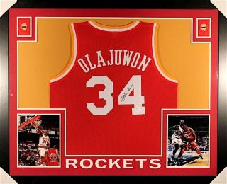 Hakeem Olajuwon Signed Rockets 35x43 Custom Framed Jersey (jsa) All Star Center