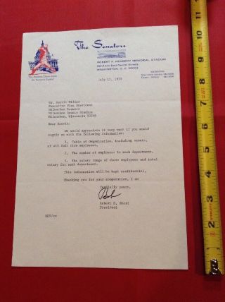 1970 Washington Senators Robert Short Signed Letter To Milkes Milwaukee Brewers