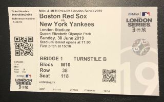 2019 Mlb London Full Ticket June 30 York Yankees Vs Boston Red Sox
