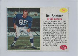 1962 Post Cereal Football 28 Del Shofner York Giants