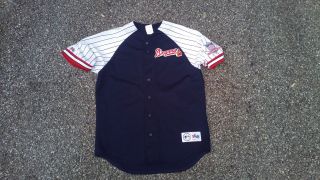 Vtg Atlanta Braves Majestic Pin Striped Baseball Jersey Sz L 90s Retro