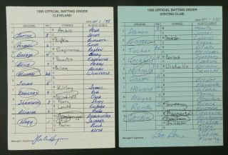 Cleveland 10/1/95 Game Lineup Cards From Umpire Don Denkinger