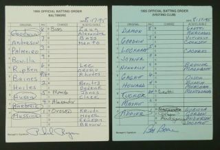 Baltimore 8/17/95 Game Lineup Cards From Umpire Don Denkinger