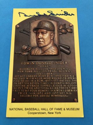 Duke Snider Autographed Hall Of Fame Hof Yellow Plaque Postcard Signed Auto
