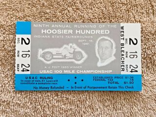 1961 Indiana Fairgrounds Usac Hoosier Hundred Ticket: Aj Foyt’s 8th Career Win