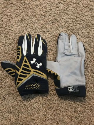 Notre Dame Football Under Armour Team Issued Gloves Leather Blue Gold 2xl