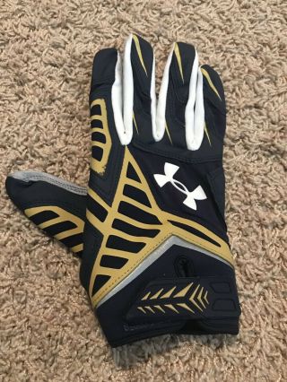 Notre Dame Football Under Armour Team Issued Gloves Leather Blue Gold 2XL 2