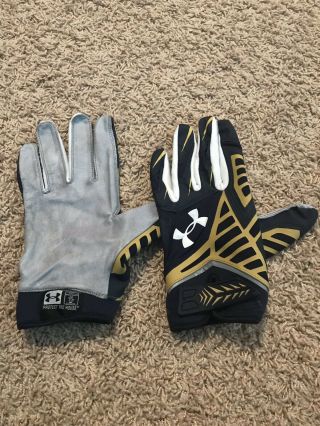 Notre Dame Football Under Armour Team Issued Gloves Leather Blue Gold 2XL 4