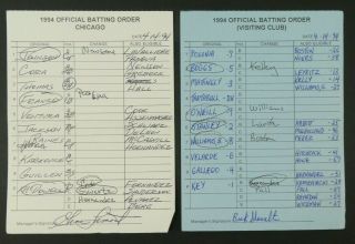 Chicago 4/14/94 Game Lineup Cards From Umpire Don Denkinger