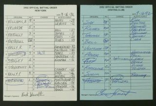 York 9/16/92 Game Lineup Cards From Umpire Don Denkinger