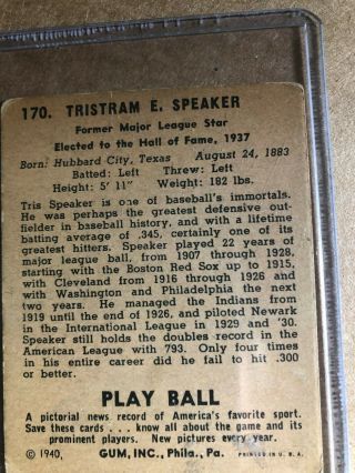 TRIS SPEAKER CARD - PLAY BALL CARD 170 (1940) 2