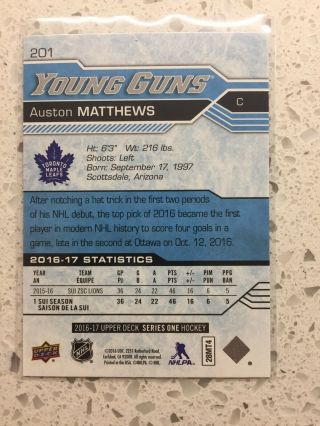16/17 Upper Deck Series 1 Young Guns 201 Auston Matthews Toronto Maple Leafs 2