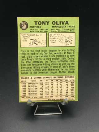 1967 TOPPS BASEBALL TONY OLIVA EX/EX - MT 50 MINNESOTA TWINS 2