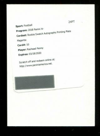 2018 Xr Rookie Swatch Autograph Rpa Printing Plate Rashaad Penny Rc Auto 1/1