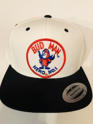 Custom Hand - Sewn - In Vintage Bud Man Beer Hero Yupoong Snapback Trucker Hat Cap
