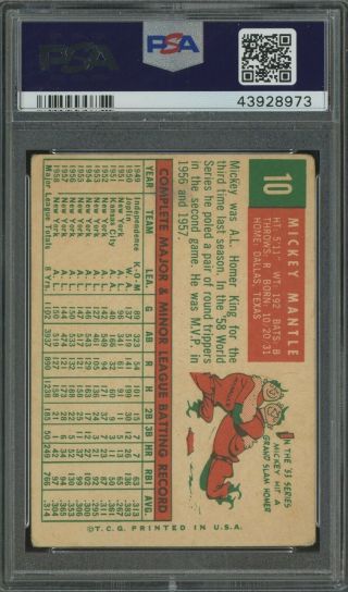 1959 Topps 10 Mickey Mantle York Yankees HOF PSA 2 GOOD 2