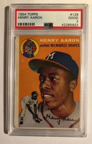 1954 Topps 128 Hank Aaron Hof Rc Psa 2 Good Mil Atl Braves Baseball Rookie