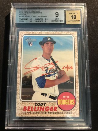 Cody Bellinger 2017 Topps Heritage Real One Red Ink Rookie Rc Auto 54/68 Bgs 9