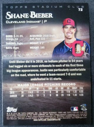 2019 Topps Stadium Club Shane Bieber Red Foil Cleveland Indians Baseball Card 2