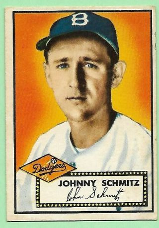 1952 Topps Baseball,  136 John Schmitz,  Brooklyn Dodgers,  Red Back,  Very Good.