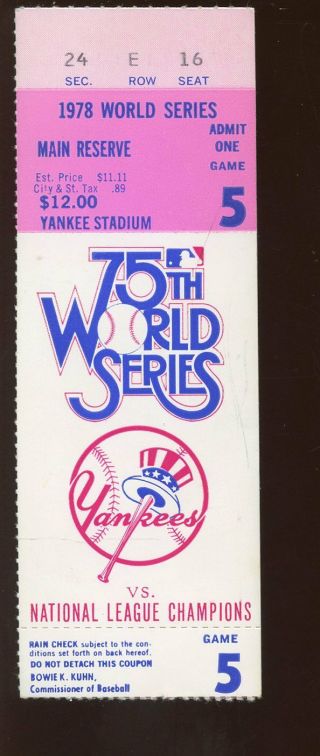 1978 World Series Ticket Stub Los Angeles Dodgers At York Yankees Game 5 Ex,