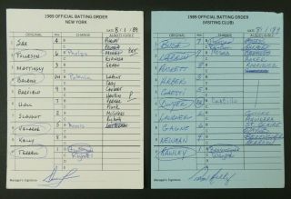York 8/1/89 Game Lineup Cards From Umpire Don Denkinger