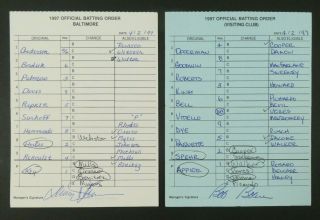 Baltimore 4/2/97 Game Lineup Cards From Umpire Don Denkinger