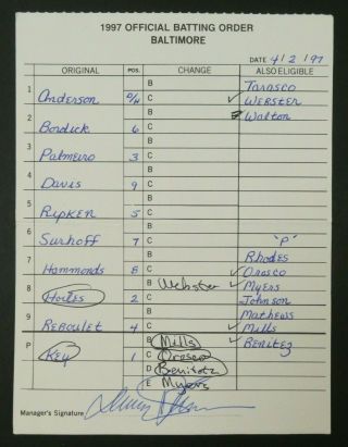 Baltimore 4/2/97 Game Lineup Cards From Umpire Don Denkinger 2