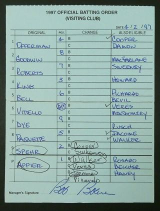 Baltimore 4/2/97 Game Lineup Cards From Umpire Don Denkinger 3