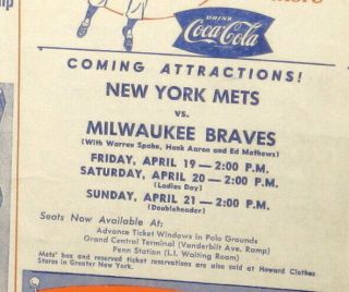 APR 9 1963 YORK METS VS ST LOUIS CARDINALS OPENING DAY PROGRAM POLO GROUNDS 4