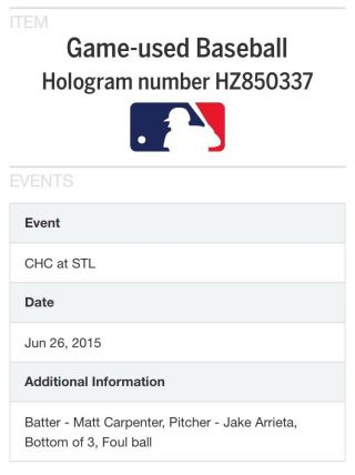 2015 Mlb Game Baseball Authenticated Cubs Cardinals Matt Carpenter Arrieta