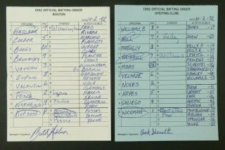 Boston 10/2/92 Game Lineup Cards From Umpire Don Denkinger