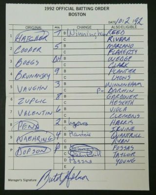 Boston 10/2/92 Game Lineup Cards From Umpire Don Denkinger 2