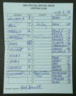 Boston 10/2/92 Game Lineup Cards From Umpire Don Denkinger 3
