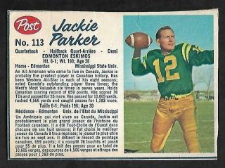 1962 Post Cfl Football: 113 Jackie Parker Qb,  Edmonton Eskimos
