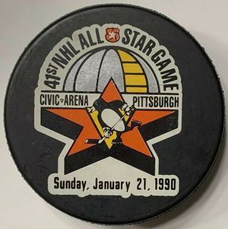 1990 41st Nhl All Star Pittsburgh Penguins Civic Arena Souvenir White Logo Puck