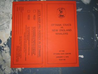 Wha World Hockey Association Ottawa Civics Home Scorecard Vs Whalers Rare