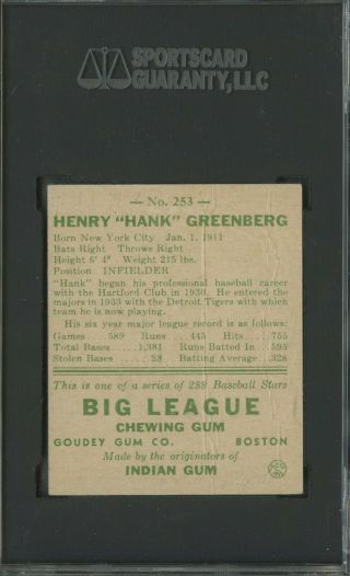 1938 Goudey Heads - Up 253 Hank Greenberg Detroit Tigers HOF SGC 10 1 2
