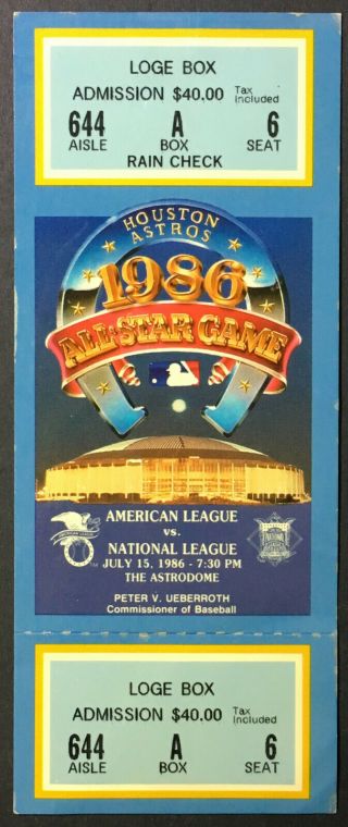 1986 Major League Baseball All Star Game Full Ticket Houston Astrodome Mlb