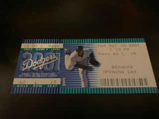 2001 Dodgers Opening Day Ticket Stub V Milwaukee Brewers W/bonus Collectible Pin