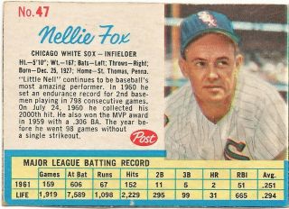 1962 Post Cereal 47 Nellie Fox Chicago White Sox Hof Sp