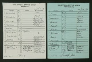 Minnesota 4/1/96 Game Lineup Cards From Umpire Don Denkinger