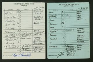 Boston 7/13/95 Game Lineup Cards From Umpire Don Denkinger