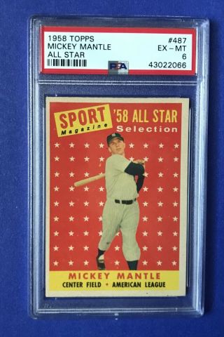 1958 Topps Mickey Mantle All Star 487 York Yankees Hof - Psa 6