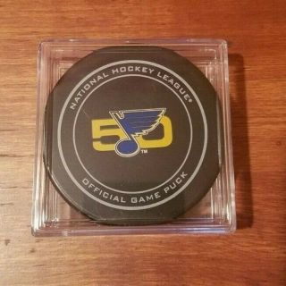 St.  Louis Blues 50th Anniversary Official Game Puck Nhl W/ Plastic Display Case
