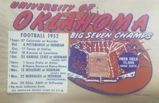 1952 Oklahoma University Big Seven Winner Football Schedule Window Transparency