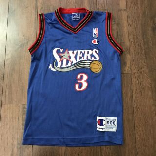 Vintage Champion Philadelphia 76ers Sixers Allen Iverson Jersey Blue Youth Small
