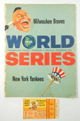 1958 World Series Program Yankees @ Braves Game 2 With Ticket Stub