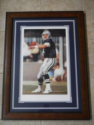 Troy Aikman Signed 14x21 Art Lithograph Professionaly Framed 22x30 Jsa