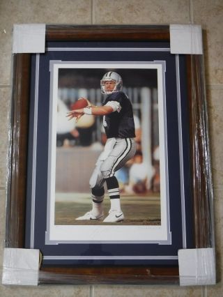 Troy Aikman signed 14X21 Art Lithograph Professionaly Framed 22X30 JSA 8